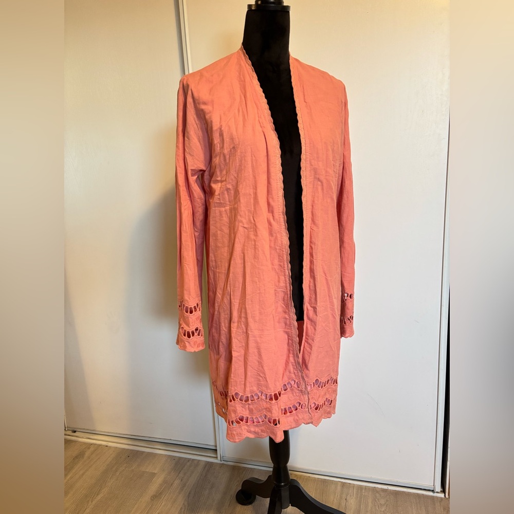 Kimono Cardigan Women’s Small Coral Mauve Pink Open Eyelet Vacation Cotton